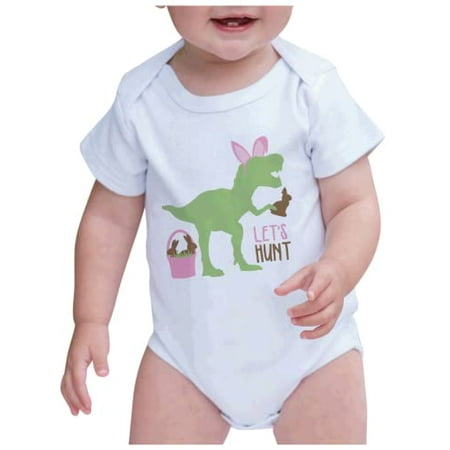 

7 ate 9 Apparel Girls Happy Easter Shirts - Funny Dinosaur Bunny Hunt White Onepiece 12-18 Months