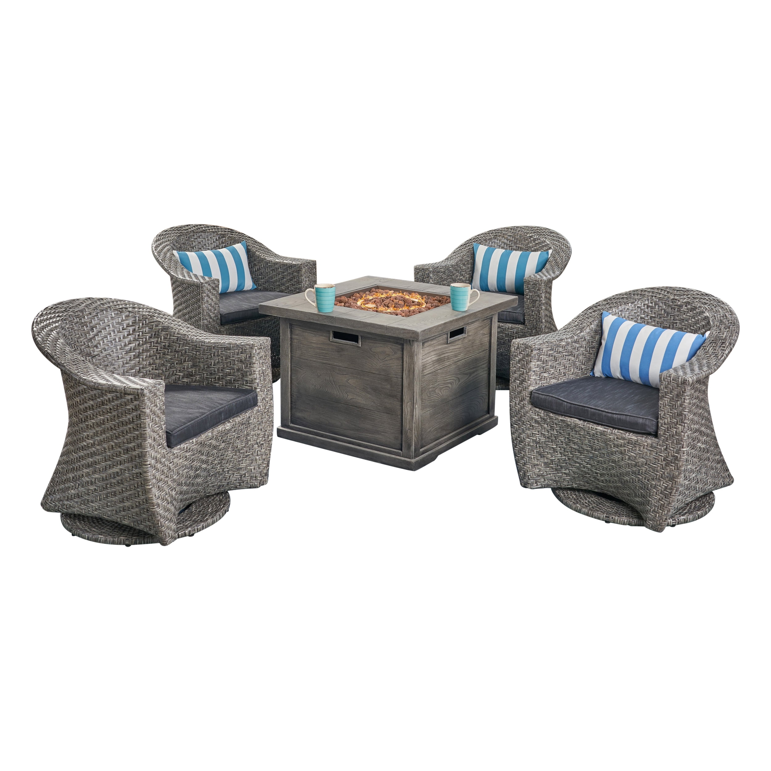 Briar Outdoor 5 Piece Swivel Wicker Chat Set with Cushions and Fire Pit, Mixed Black, Dark Gray, Gray