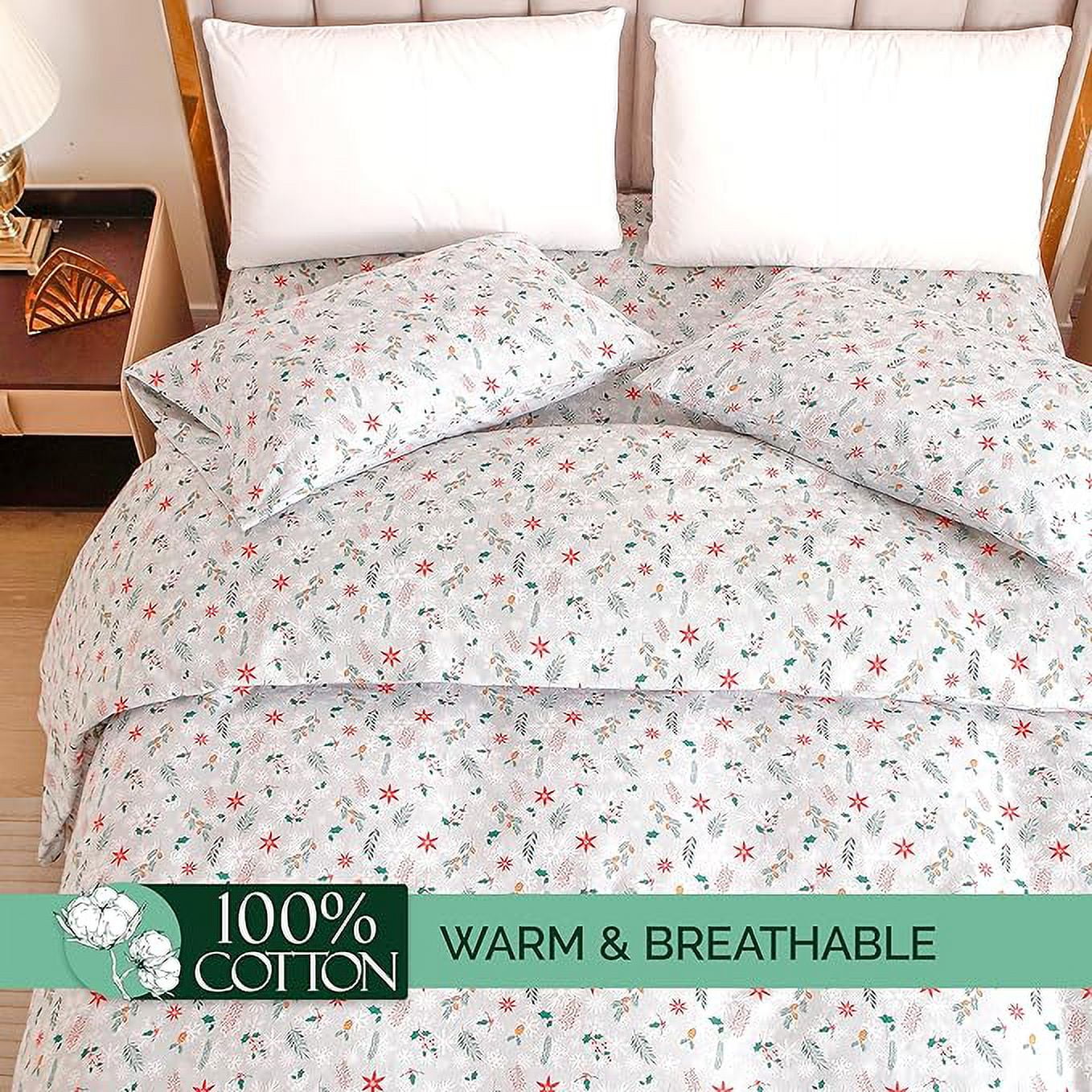Elegant Comfort - 4 PIECE Holiday Christmas Flannel Cotton Sheet Set, Deep Pocket Fitted - Full, Poinsettia