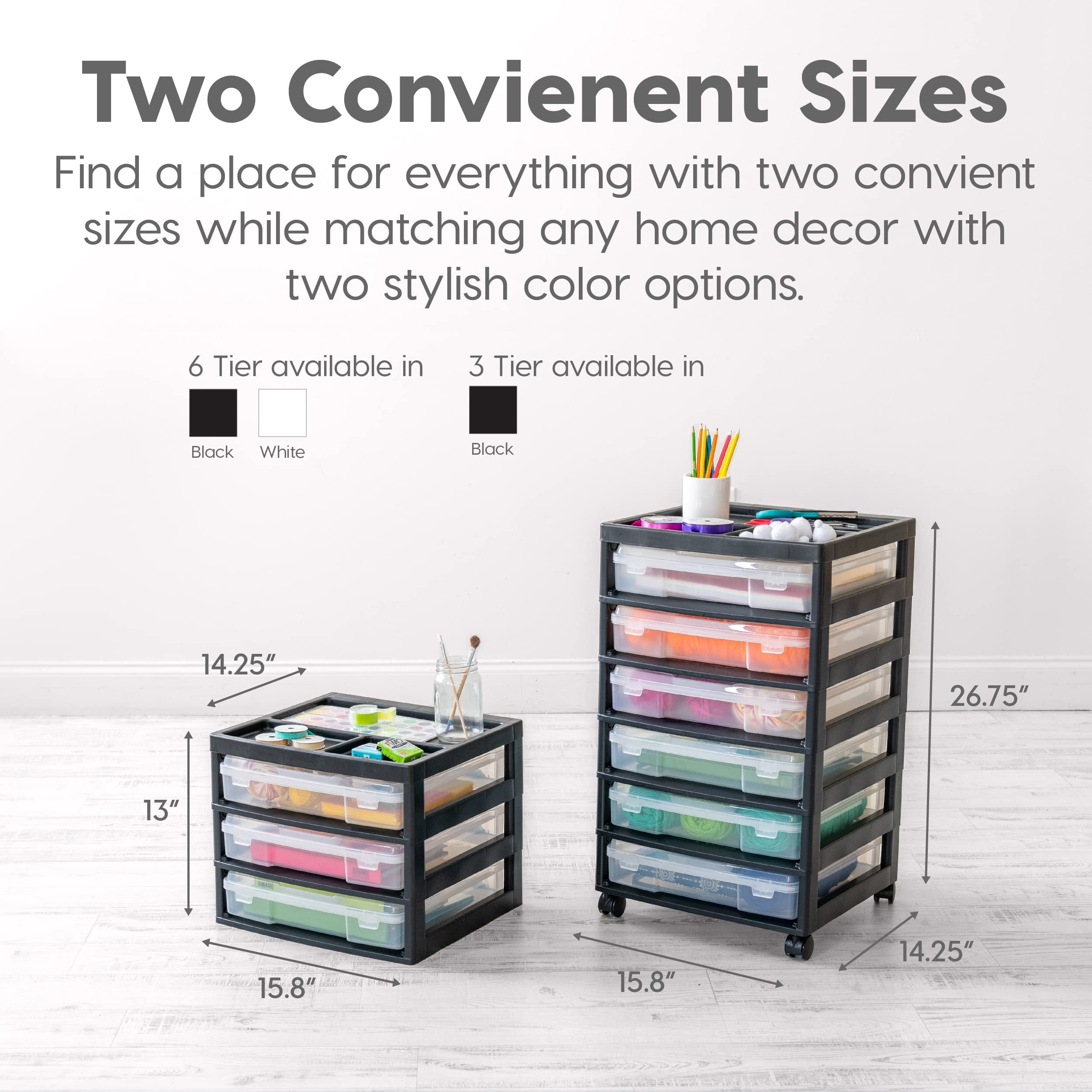 Fits 12" X Paper  6-tier Scrapbook Rolling Storage Cart With Organizer For Stationery Vinyl Tools Office Art And Craft Supplies Yarn 6 Clear Cases W/built In Handle - Black/clear
