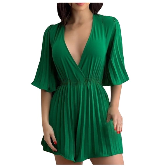 up to 60% off Gifts Jumpsuits for Women Casual Solid Elastic Waist Plus Size Loose Flowy Pleated Wide Leg Short Jumpsuits Overalls Summer Formal Plain V-Neck Elbow-Length Mini Rompers Green xxxl