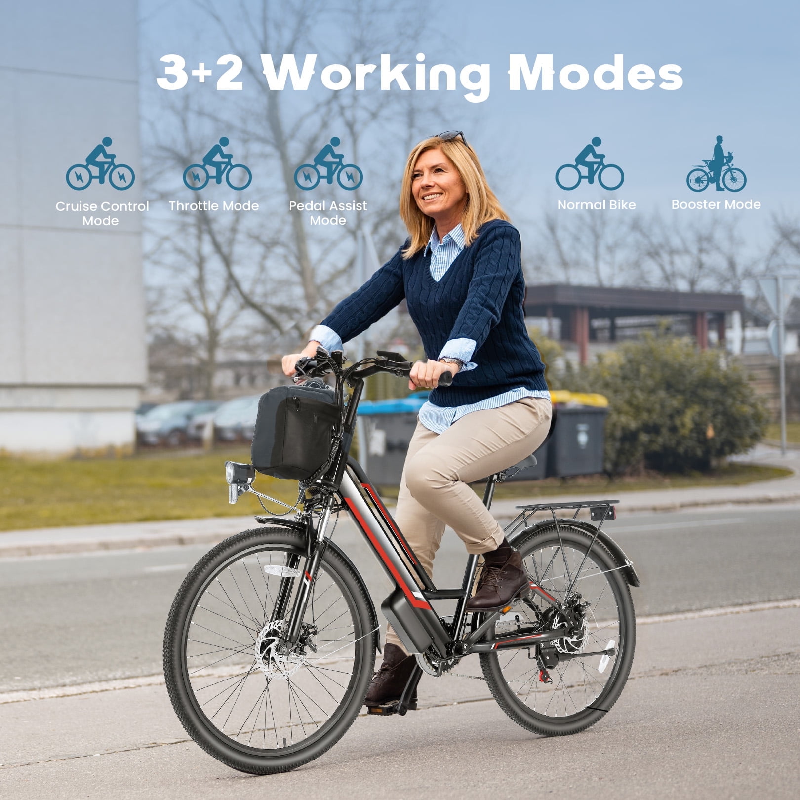 Elifine 500W Electric Bike for Adults, 26" Commuter Electric Bicycle 19.8mph City Ebike with 5 Riding Modes, 48V 7.8Ah Removable Battery UL 2849, LCD Intelligent Display Hybrid Electric Bike Red
