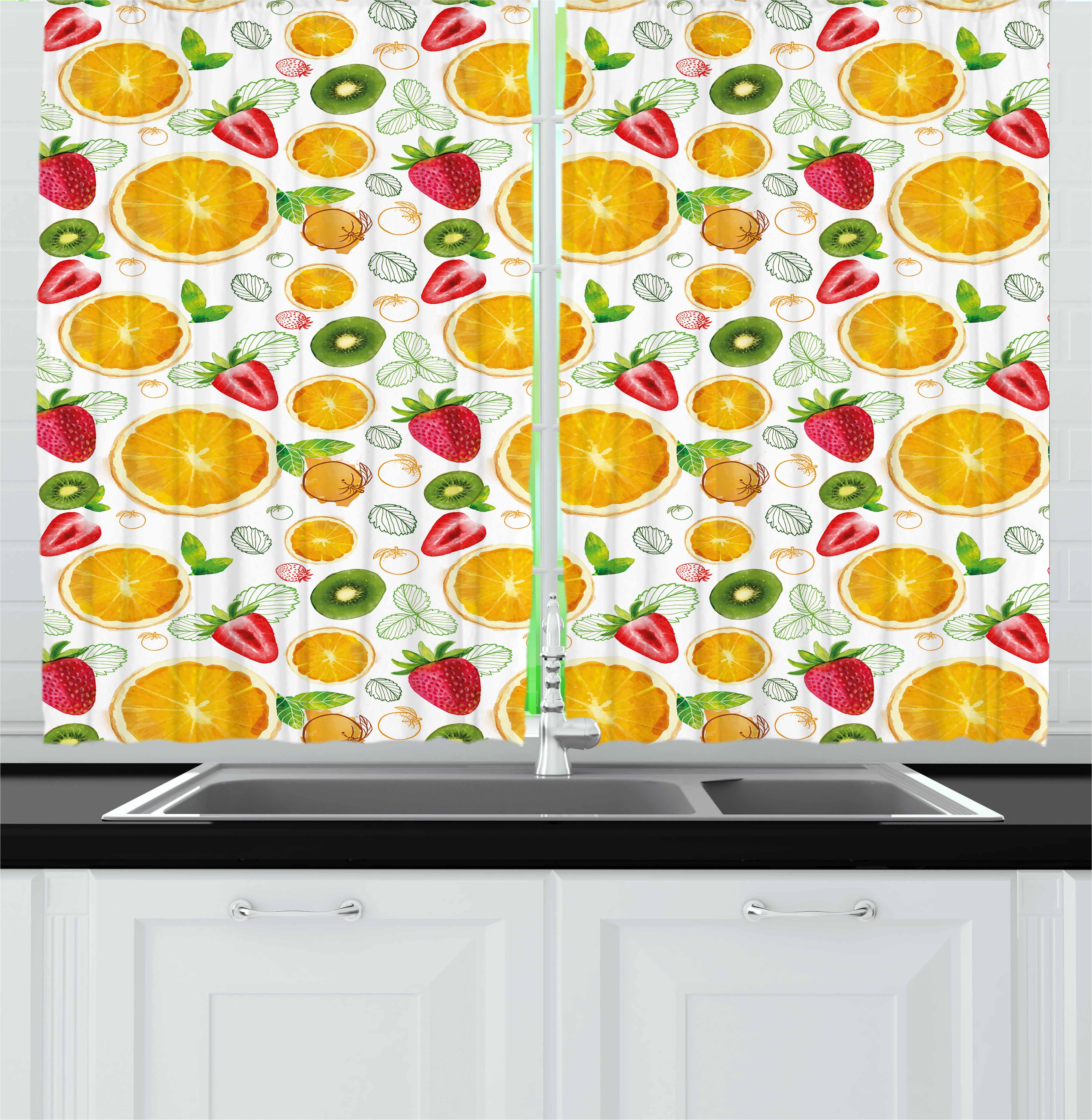 Fruits Curtains 2 Panels Set Citrus Kiwi Lemon Leaves Apricot