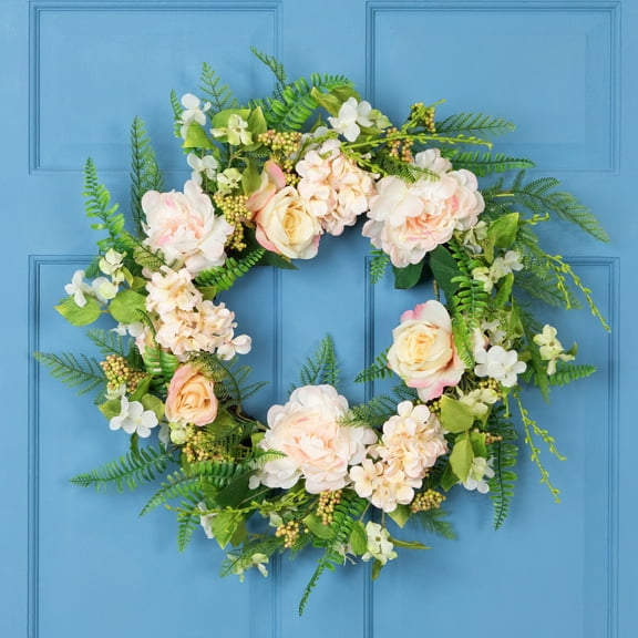 Northlight Rose and Peony Fern Artificial Floral Spring Wreath, Pink - 24-Inch
