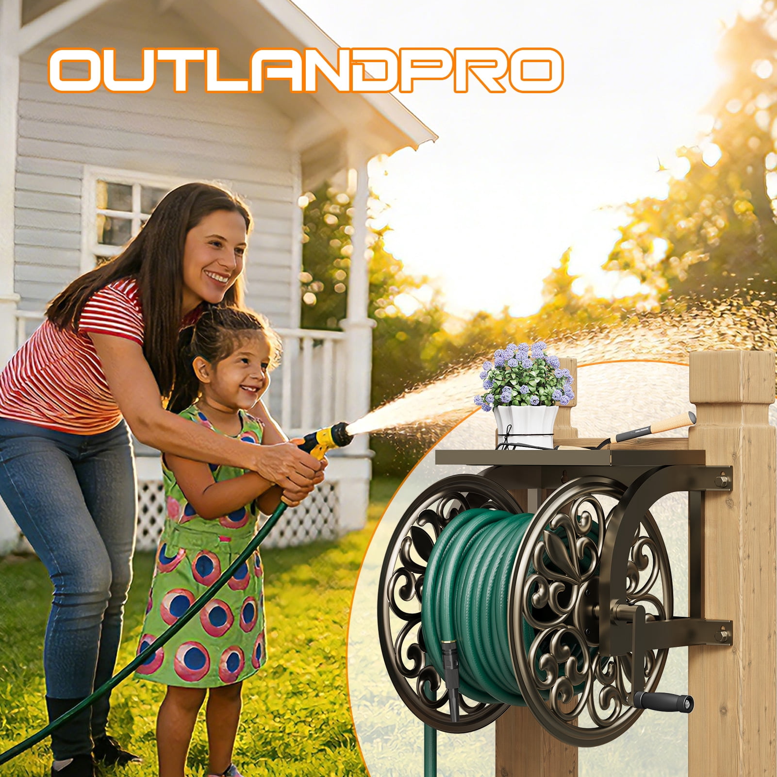 Outlandpro Metal Decorative Garden Hose Reel, Heavy Duty Hose Holder for Outside, Wall Mount, Holds 200 ft x 5/8" Hose Storage