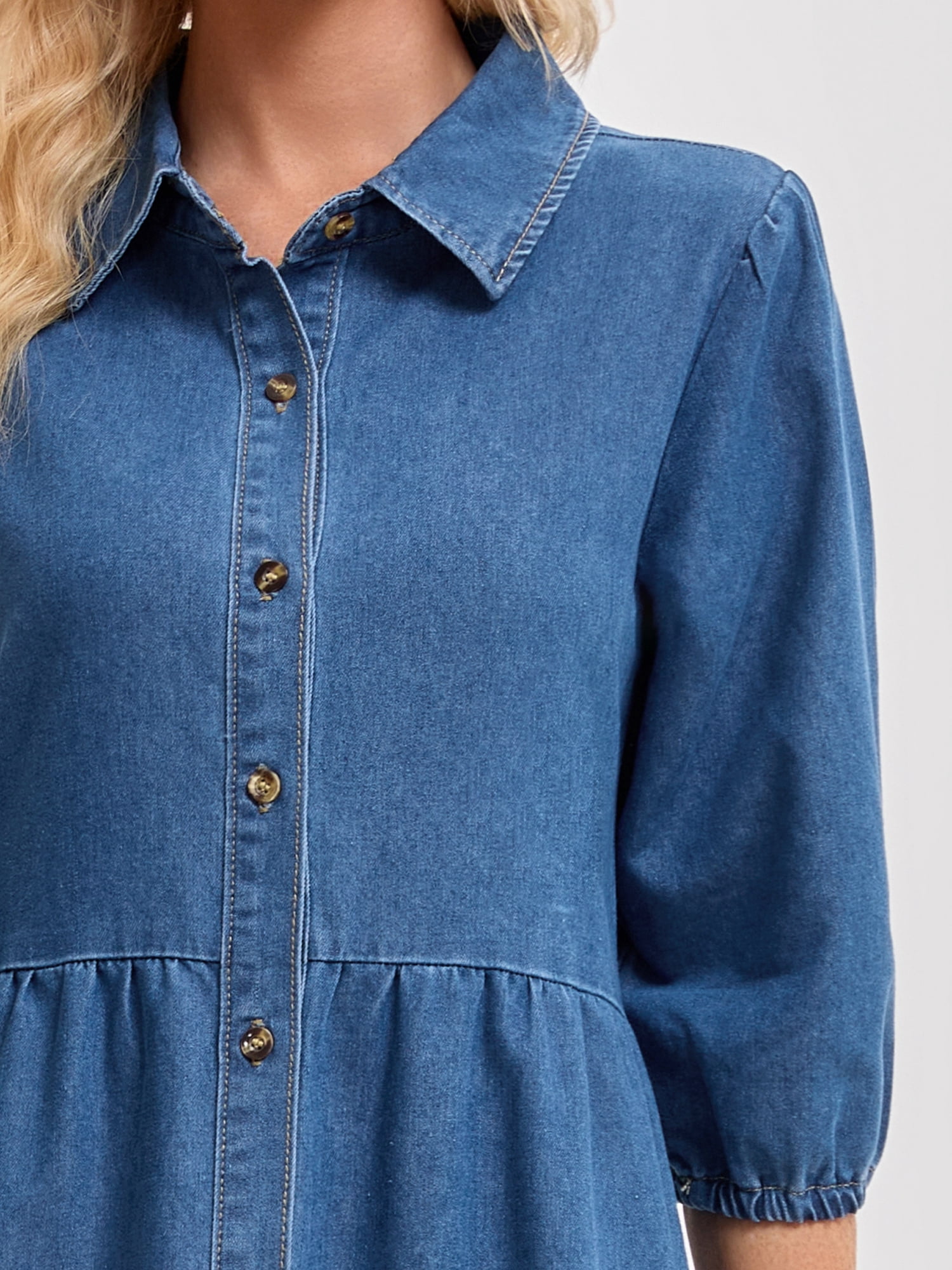 DARING DIVA Women's 3/4 Sleeve Button Down Collar Swing Tiered Dress XL Blue