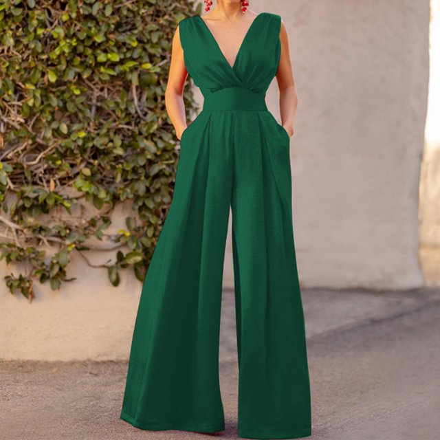 Monos Elegantes Mamelucos sin espalda para mujer Traje de dama de oficina con cuello en V profundo y hombros descubiertos (Verde M) Ygjytge para Mujer Verde T L