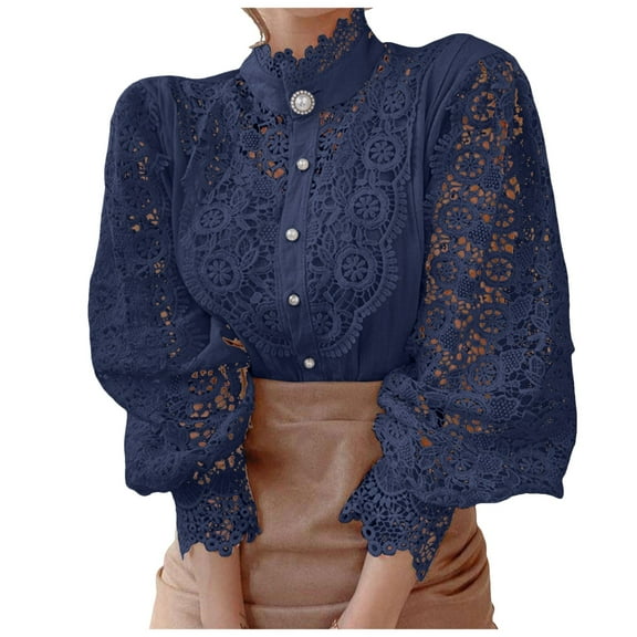 JUMESG Womens Tops Dressy Casual Button Down Shirts for Women Solid Long Sleeve Striped Formal Work Dress Blouses Tops (Navy,S)