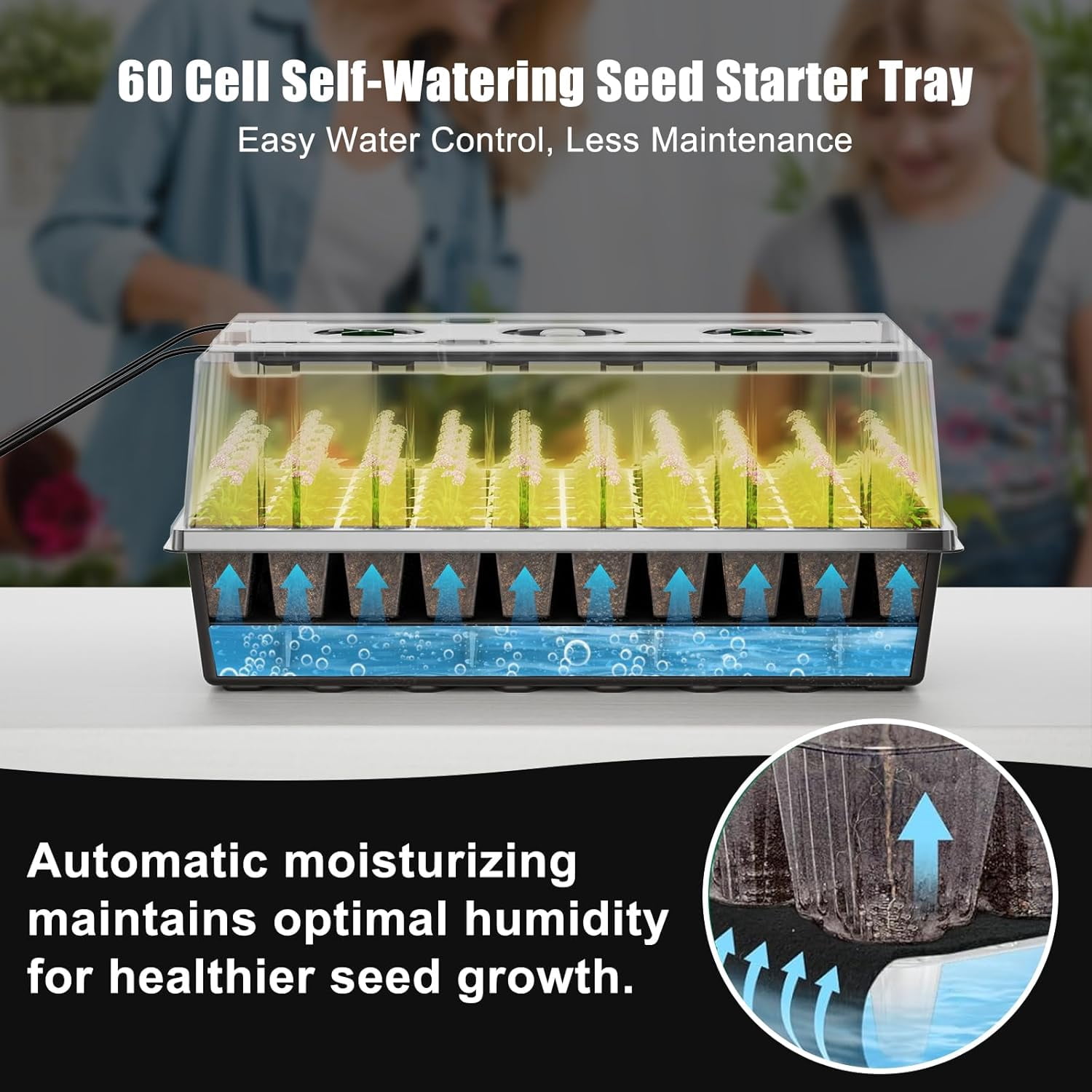 Wisakey 60-Cell Seed Starter Tray Kit - Self-Watering, Includes Grow Light, Heat Mat & Humidity Domes. Features Auto Timer & Adjustable Brightness.