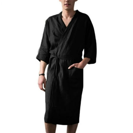 

Fancy Men Solid Color Bathrobe Kimono Sauna Robe Dressing Gown Bathrobe Pajamas Black XL
