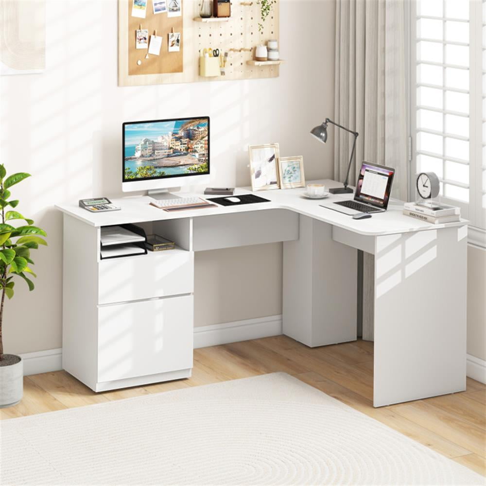 Demi Bonn L-Shaped Computer Desk with Letter File Drawer, Small Home Office Desk Study Writing Table, White