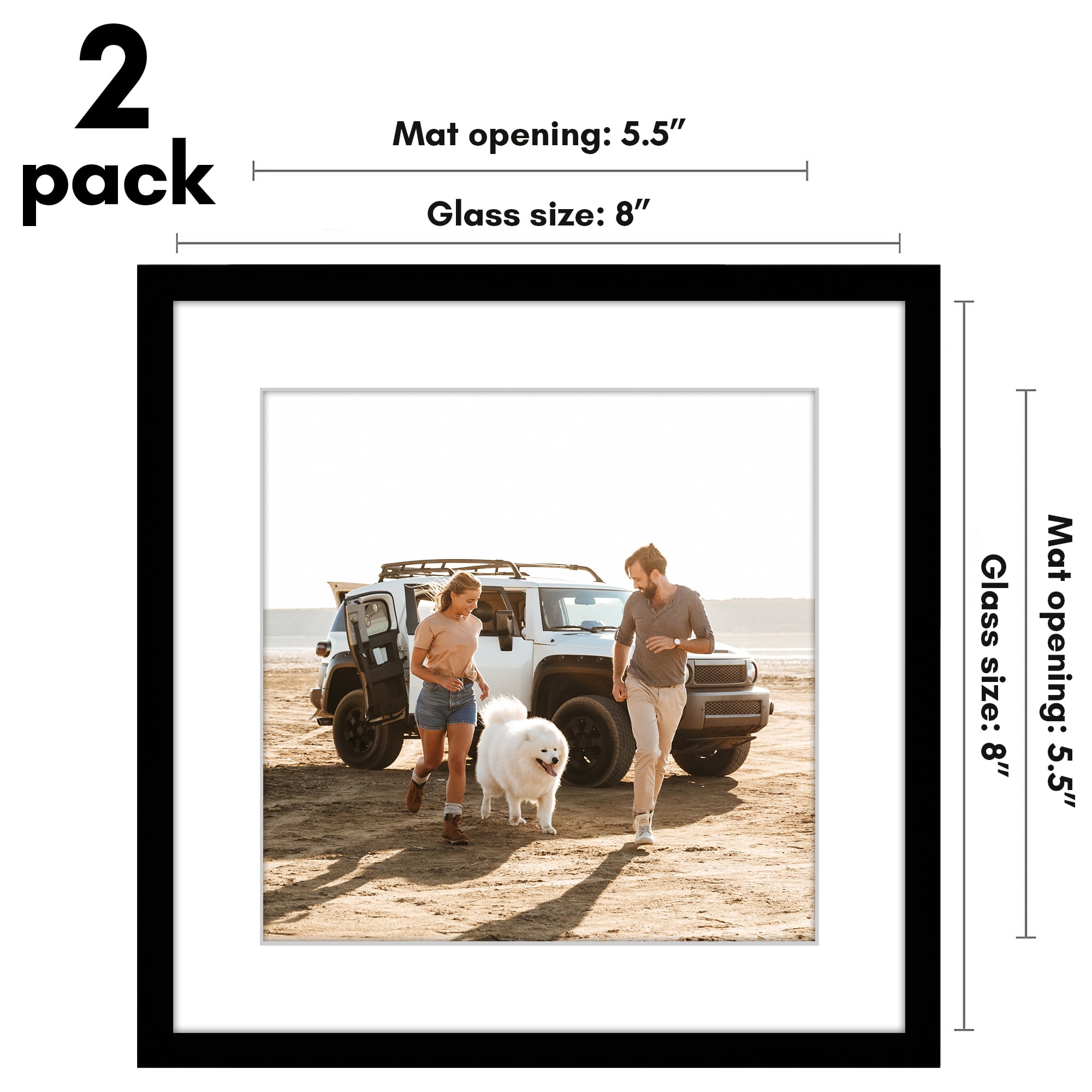 Americanflat 8x8 Picture Frame with Shatter-Resistant Glass with 6x6 Mat 2 Pack Display Photo Square - Black