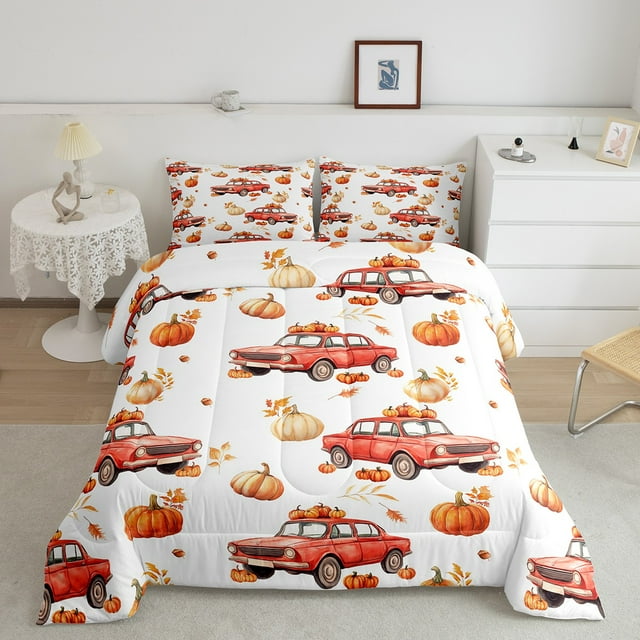 Erosebridal Ensembles de Couette Citrouille de Récolte Format Double, Couette en Duvet Camion Rouge, Insert de Couette Réversible Thème d'Automne, Décor Léger pour Chambre, 3 Pcs
