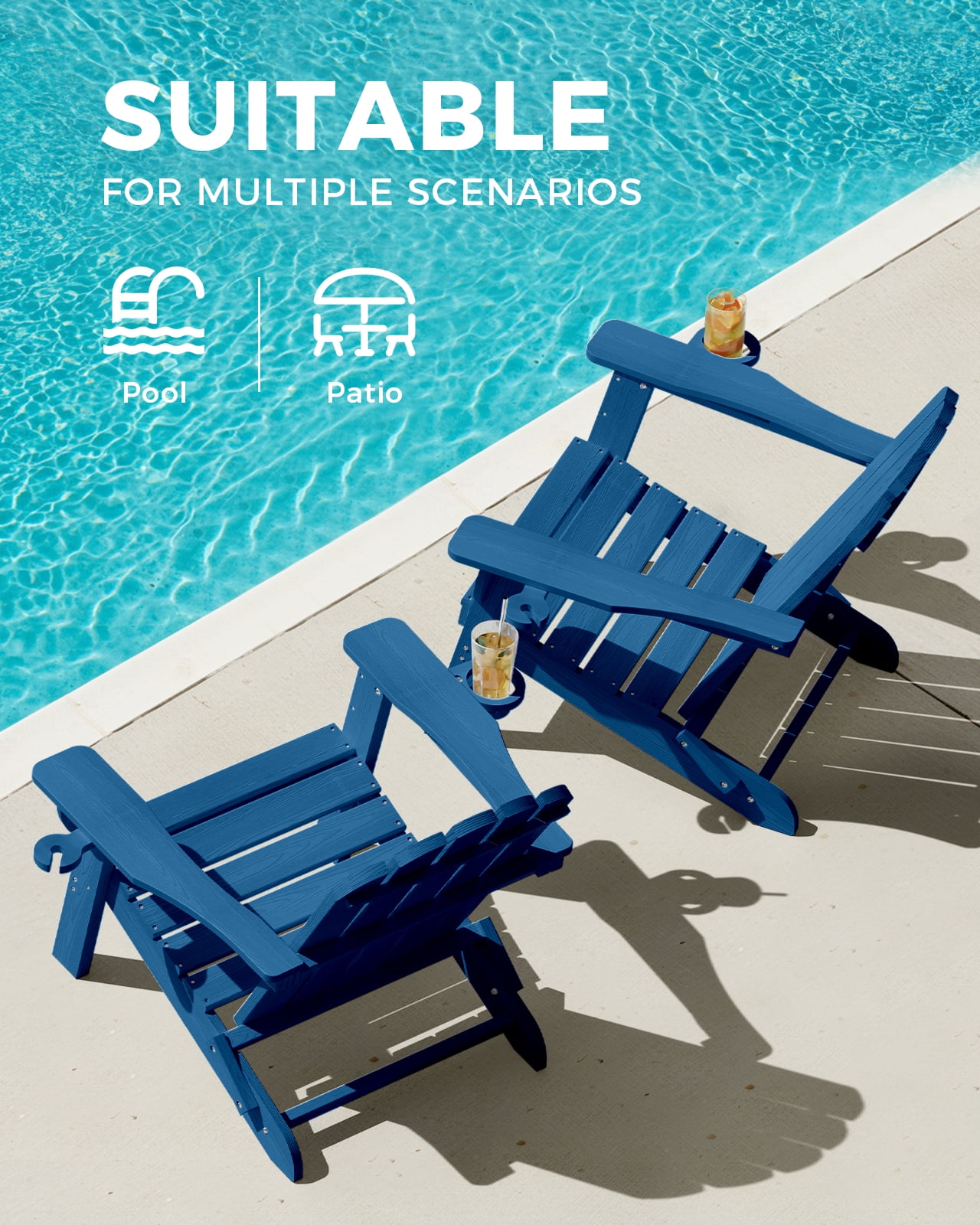 Folding Adirondack Chair set of 4, HDPE Patio Adirondack Chair with 2 Cup Holders, All-Weather Outdoor Chairs, Fire Pit Chairs for Patio, Garden, Poolside, Navy Blue