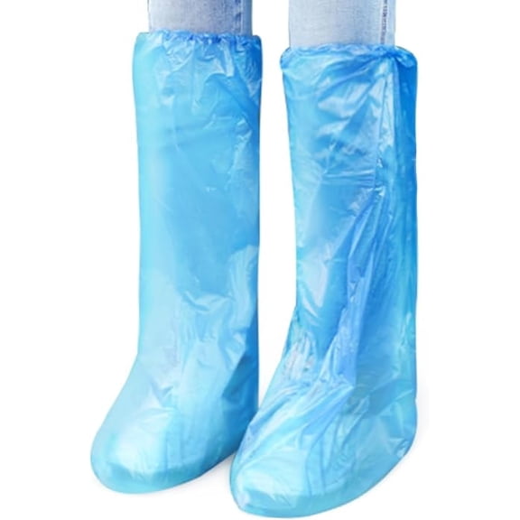 100 Pack Disposable Shoe Covers 50 Pairs Blue Waterproof Anti-Slip Plastic Long Overshoes For Men Women Rainy Day Use