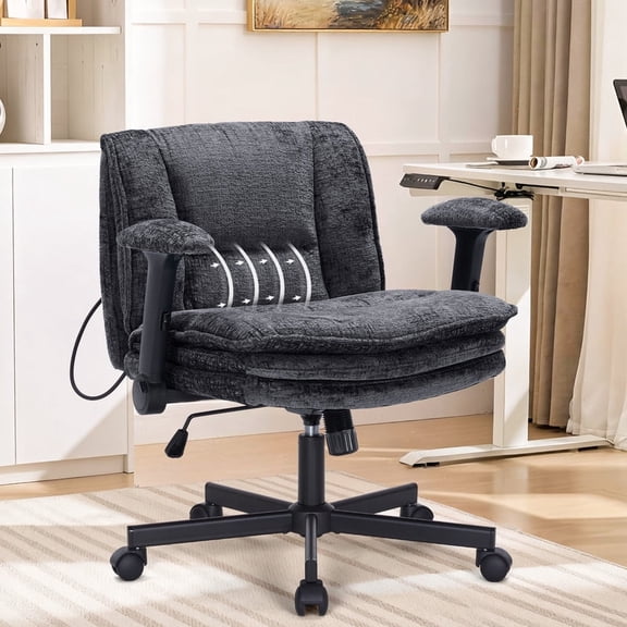 Criss Cross Legged Office Chair with Wide 3 Layer Cushions, Ergonomic Criss Cross Desk Chair with Dynamic Lumbar Support and Flip-up Arms, Mid Back Fabric Swivel Vanity Chair for Work, Study, Leisure