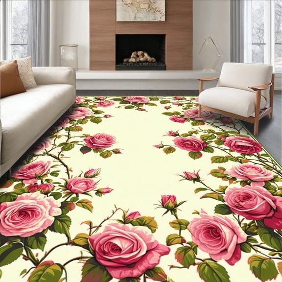 Flatwoven High Traffic Area Rug, Rose Garden Vintage Floral, Non Slip, Stain Resistant, Washable Area Rugs for Living Room, Bedroom(Pink, 4X6)