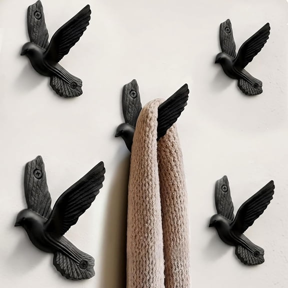 Flying Style Iron Cast Decorative Pigeon Bird Wall Mounted Coat Hooks, 5 Pieces, Black