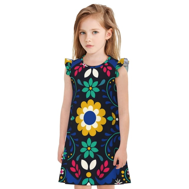 Fotbe Colorful Mexican Flower Vestido de Dormir para Niñas de 3 a 10 Años, Mangas Cortas, Estilo Princesa, Pijama Camisón con Mangas Voladas-XX-Large