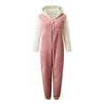 thumbnail image 5 of Jinhomg Soft Fleece Onesies for Women Cute Block Color Bear Ear Hooded Jumpsuit Fall Winter Fuzzy Comfy Long Sleeve One Piece Pajamas Summer Saving Pink L, 5 of 7
