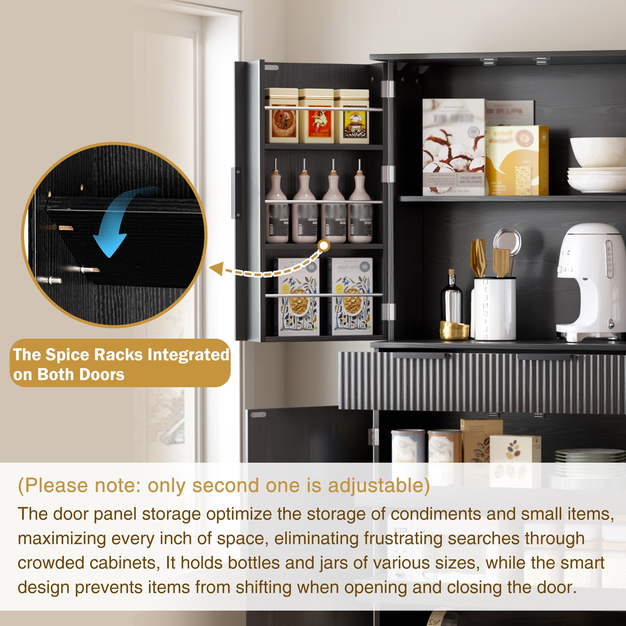 Mintazer 72" Fluted Freestanding Kitchen Pantry Storage Cabinet with 4 Door & Drawers, Large Storage Hutch with Spice Door Racks for Kitchen Dining Room Bathroom, Black