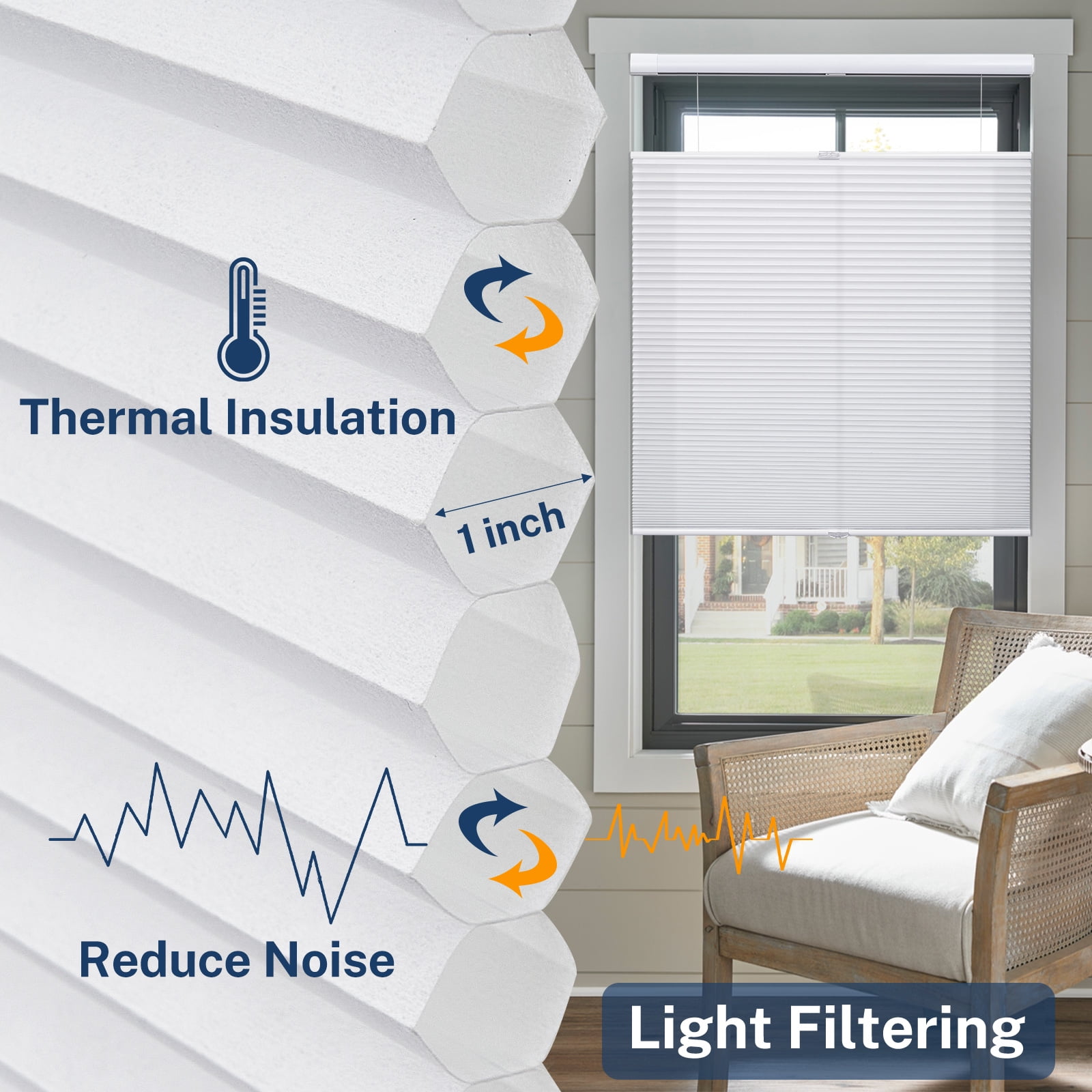 Keego No Drill Top Down Bottom Up Cellular Shades for Windows Light Filtering Cordless Blind Window Shades No Tool Honeycomb Blinds Shades for Home, Easy To Install, White, 20"W x 48"H