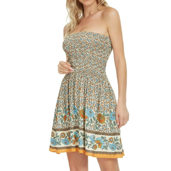 Kcodviy Women Summer Strapless Chest Womens Dresses Summer Wrap Floral Print Bohemian Summer Wrap Dresses Casual Beach Dress