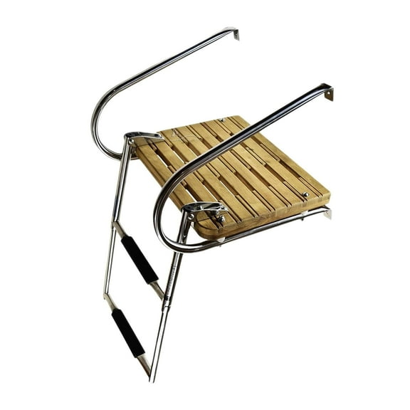 MARINE CITY Stainless Steel 2-Step O/B Swim Teak Platform Ladder - Telescoping Boat Ladder - Ideal for Marines, Boats, Ships, Yachts
