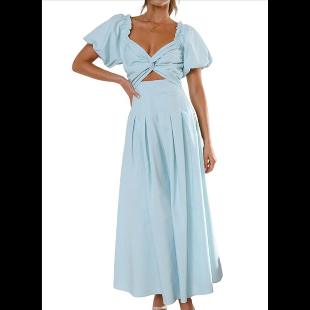 Vestido Bohemio de Verano para Mujer, con Escote en V, Corta, Corte A y Bolsillo. Azul S