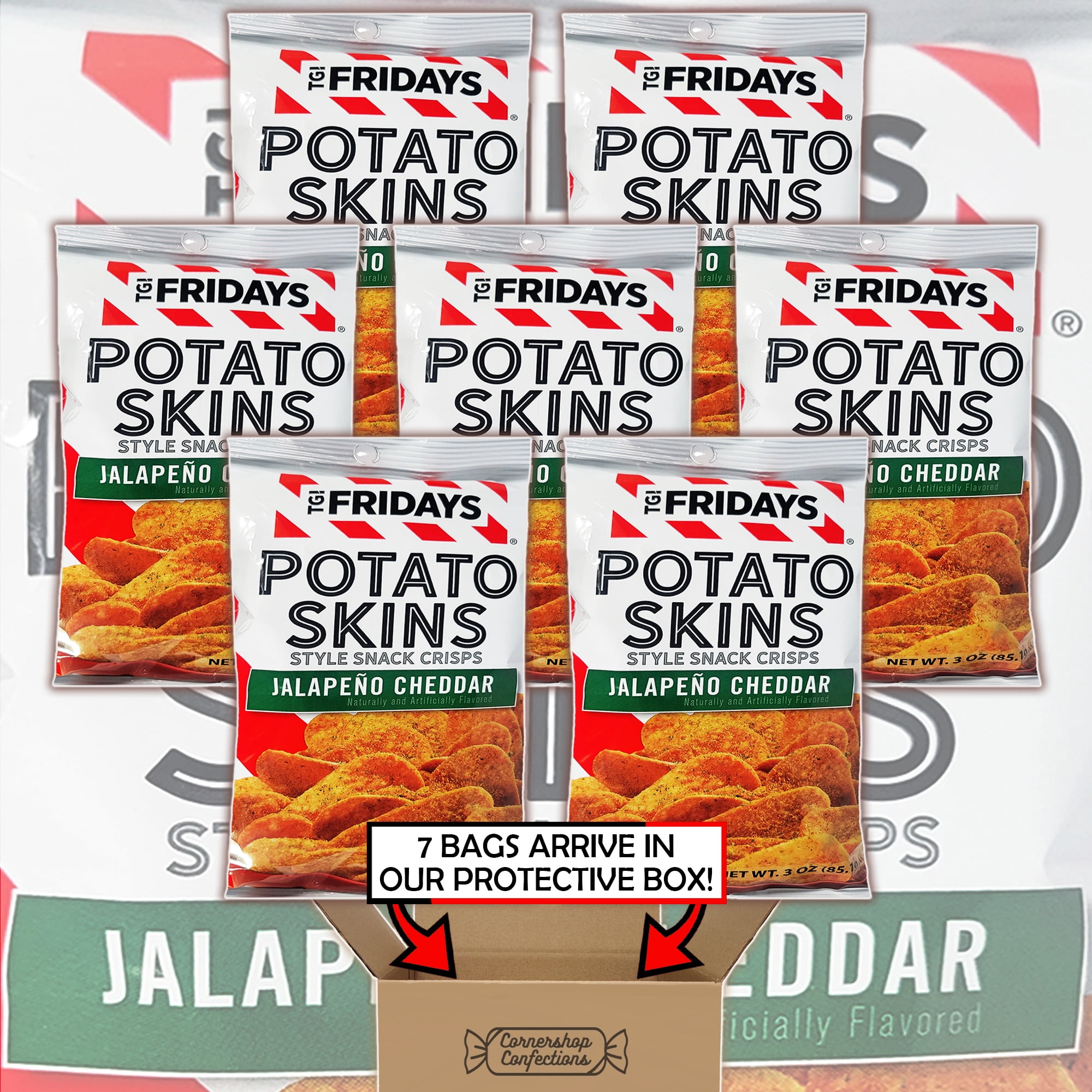 TGI Fridays Potato Skins Jalapeno Cheddar Bundle Pack - 7 Individually Sealed Bags, Each 3 Ounces - Gluten-Free, Kosher - For Snacks, Lunches, Parties, Movie Nights - In Cornershop Confections Box