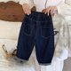 thumbnail image 3 of Pantalones vaqueros largos de moda para niñas, vaqueros con cintura elástica y ribete de encaje, pantalones casuales holgados y ligeramente acampanados, pantalones cómodos, pantalones de poliéster par, 3 of 6
