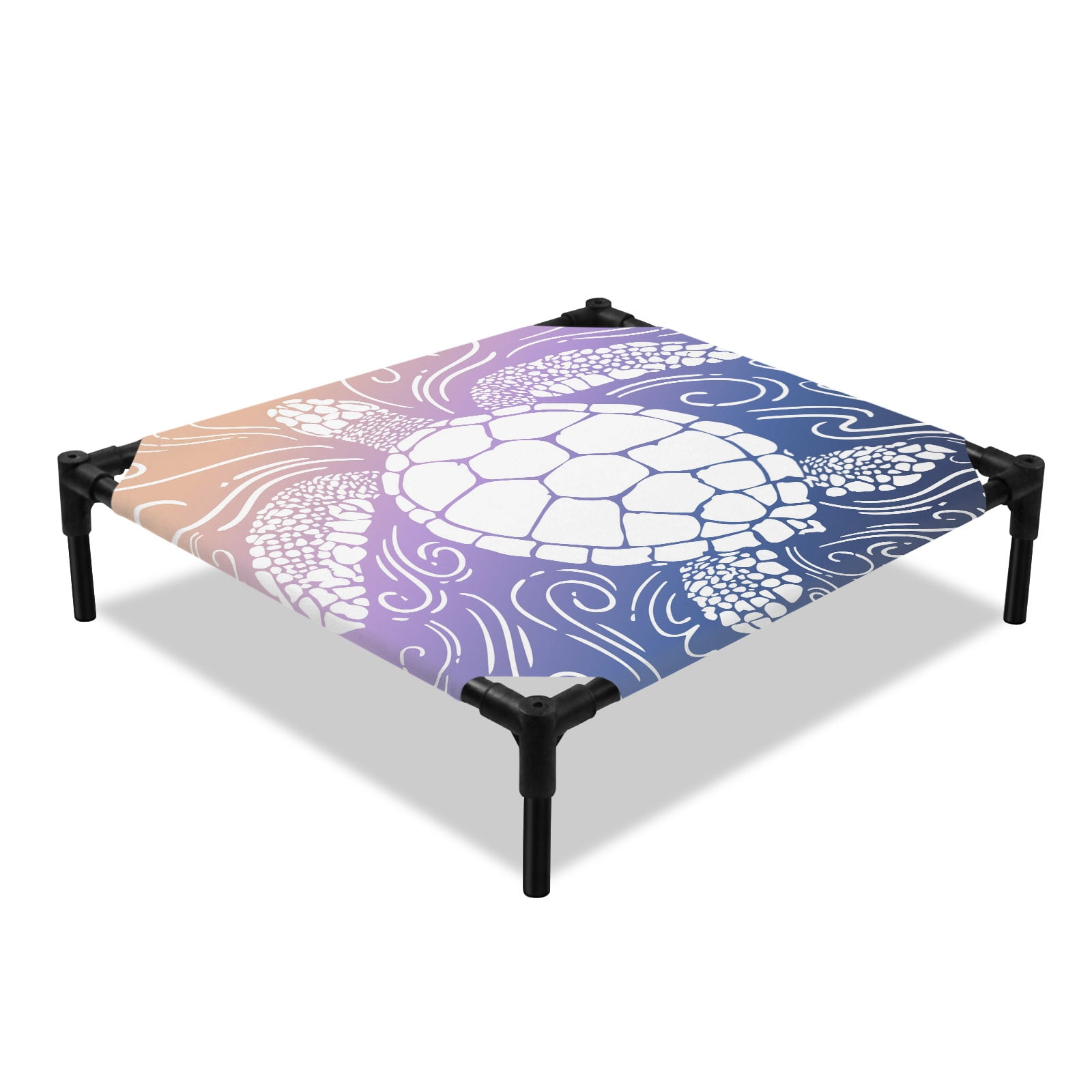 Sea Turtle Elevated Dog Bed Coastal Nautical Modern Purple Blue Yellow Ocean Waves Cooling Breathable Outdoor Raised Dog Cot Bed with Metal Frame Non-Slip Feet for Small Dog 20x20in