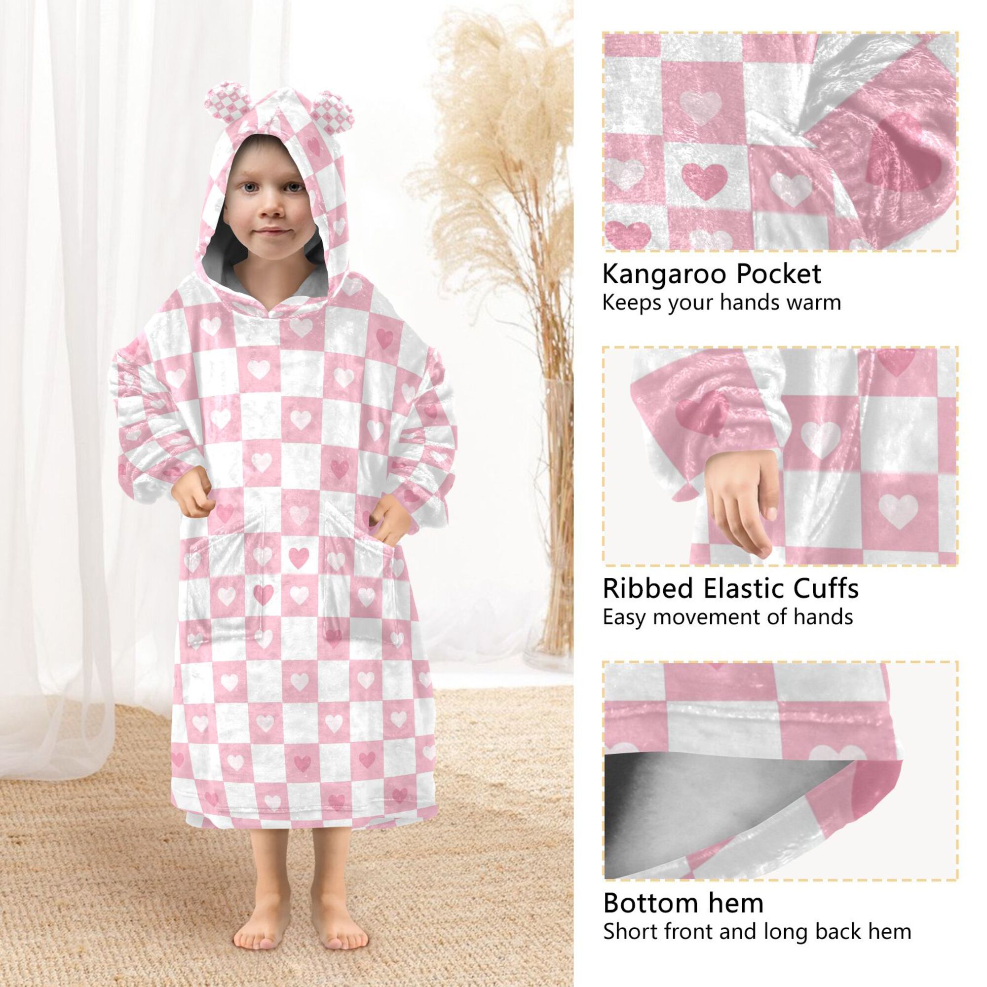 FORMRS Wearable Blanket Hoodie with Sleeves for Kids Cozy Flannel Sweatshirt, Pink Checkered Heart