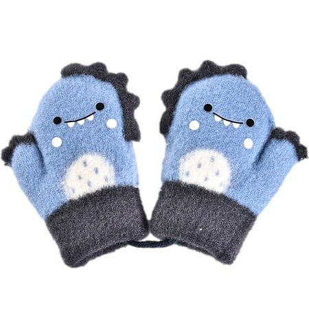 

YWDJ 1-6Years Toddler Boys Girls Winter Knitted Gloves Kids Dinosaur Gloves Kids Cartoon Thickened Warm Gloves Blue 3