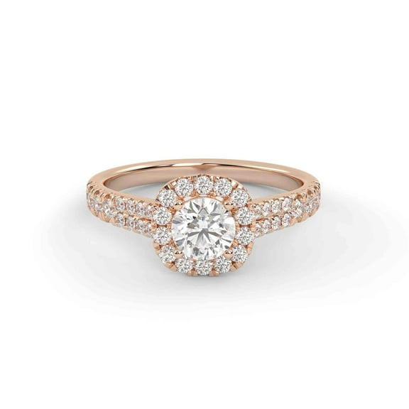 IGI Certified Double Row Halo Solitaire Engagement Ring, 0.95 Cttw Round Cut Lab Grown Diamond Rings for Women In 18K Solid Rose Gold F-G, VS-SI Quality Ring Size-5