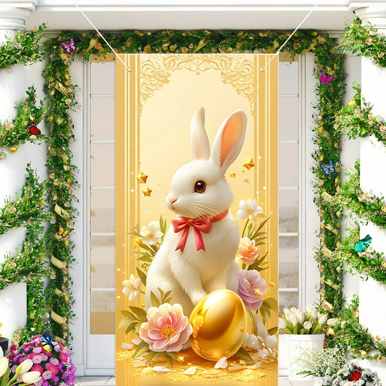 Happy Easter Door Cover 72.8x35.4 Inch – Bunny & Floral Spring Decoration For Porch Or Party