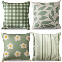 Acfruits Spring Throw Pillow Covers 18x18 Set of 4, Sage Green Stripe Plaid Floral Outdoor Pillow Covers