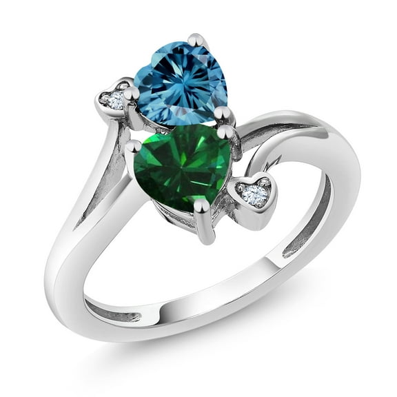 Gem Stone King 10K White Gold Fashion Right-Hand Ring Heart Shape Persian Blue Moissanite and Nano Emerald Green (1.53 Cttw, Size 7)