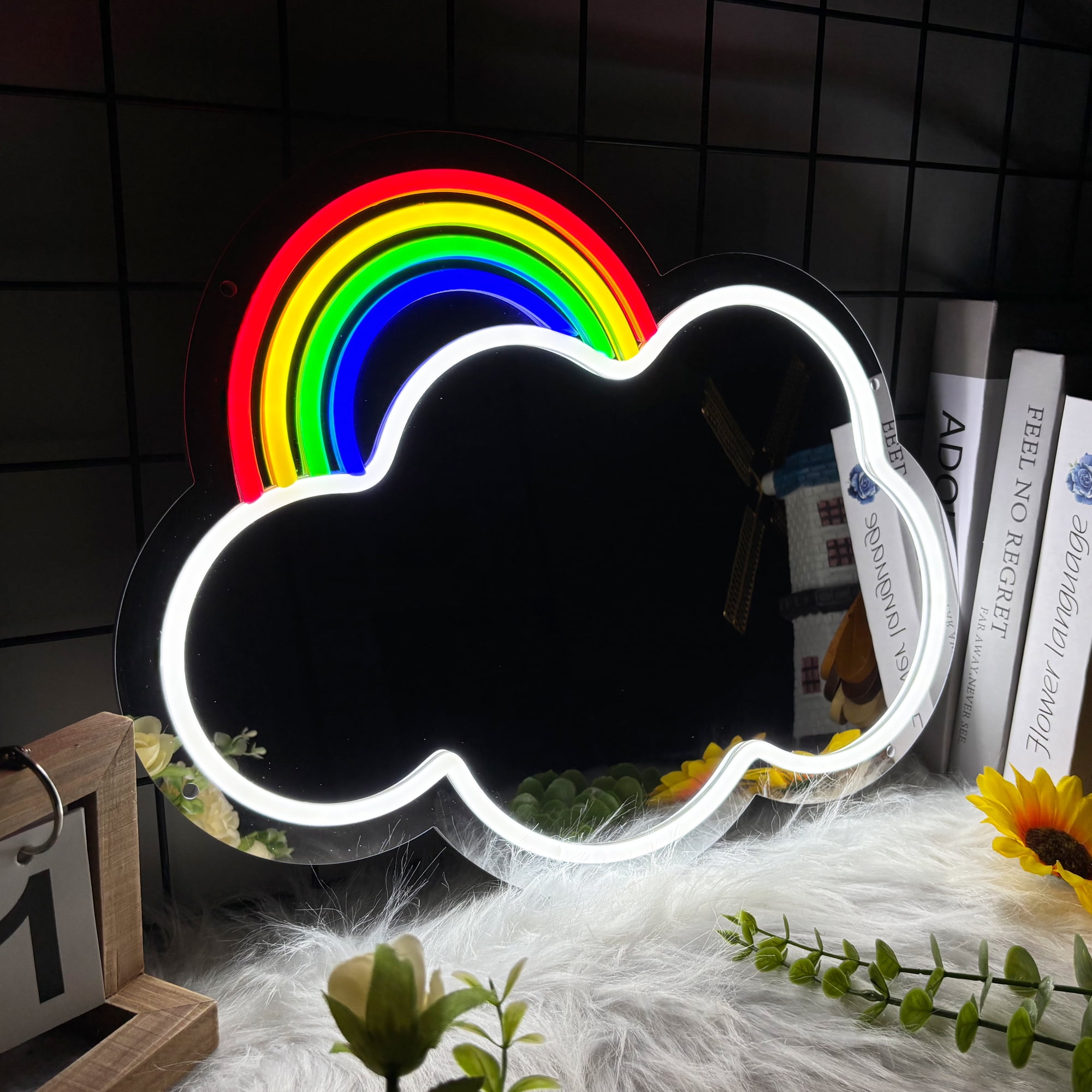 Anime Rainbow Mirror with Light Neon Signs for Locker Room Living Room Girl's Bedroom, Cute Acrylic Mirror with Dimmable for Girl Gifts, Rainbow Wall Mirror