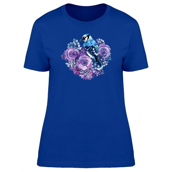 Purple Flowers Cute Blue Jay T-Shirt Women -Image by Shutterstock, Female Large