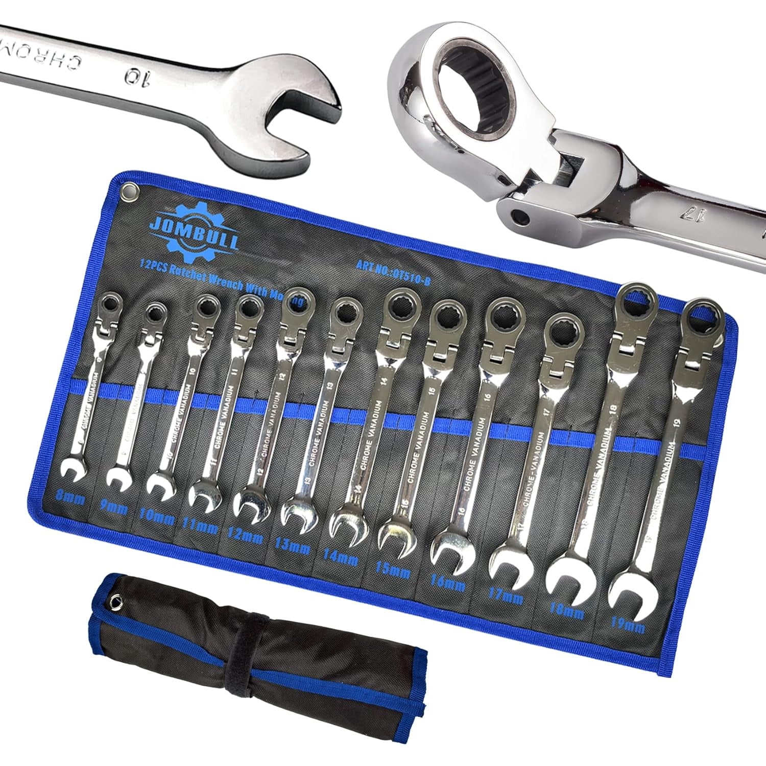 Flex-Head Ratcheting Wrench Set 12 pcs, Metric, 8-19mm, Cr-V Combination Wrench Sets, 72 Teeth Wrenches Set with Carrying Bag