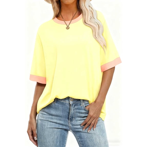 Hxshgdsn Short Sleeve T Shirt For Women Crew Neck Color Block Basic Tees Summer Casual Loose Fit Tops Yellow 4Xl