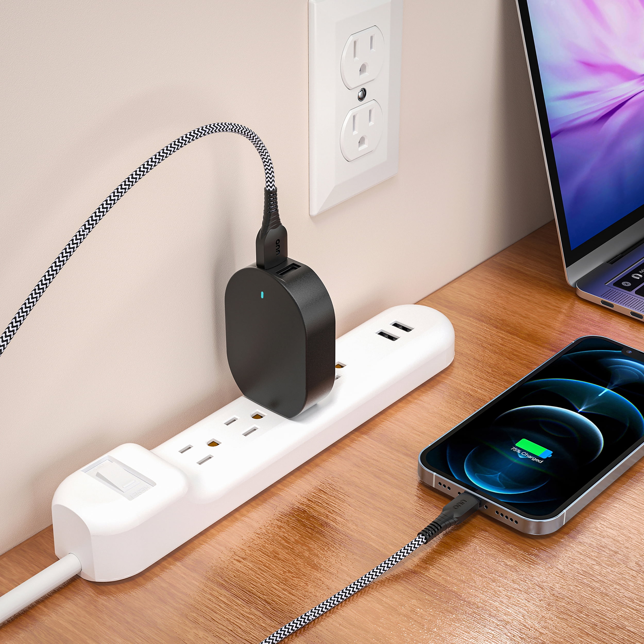onn 24W Dual USB-A Port Wall Charger with 3ft Lighting Cable to USB, MFI Certified, Foldable Plug, Black - Compatible with iPhone 14/13/12/11/X/XR/XS/8/7/6/5, iPad, Airpods, and more