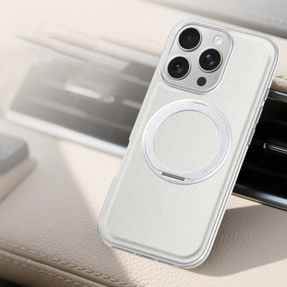 for iPhone 15 Pro Max Ring Stand Case, Protective Slim with Kickstand Shockproof Phone Case, Invisible Stand Lychee Texture Plain PU Leather Phone Cover Compatible for iPhone 15 Pro Max, White