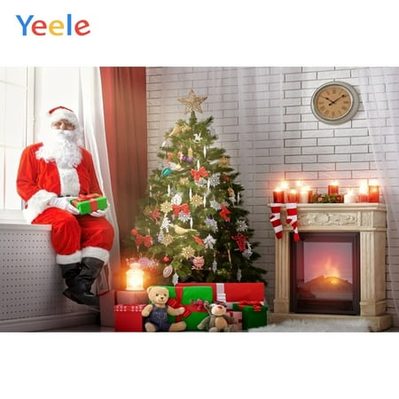 Image of Christmas Tree Santa Claus Fireplace Clock Candlelight Bear Backdrop Photography Custom Photographic Background For Photo Studio