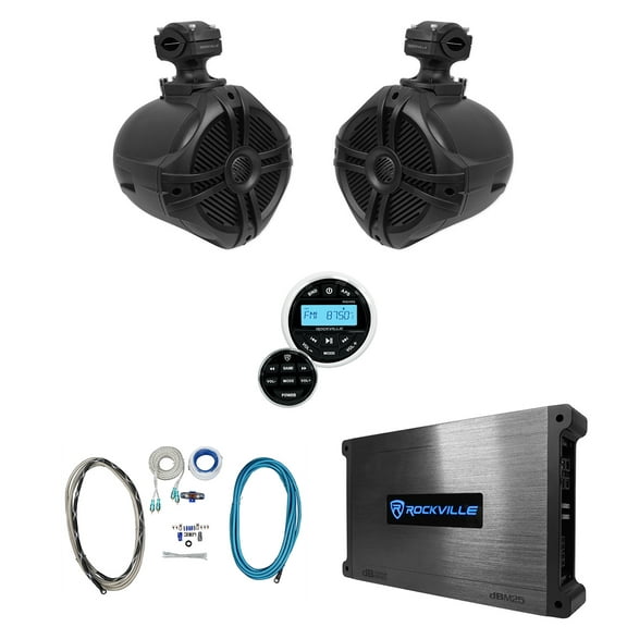 Rockville Bluetooth Receiver 6.5" Black Marine Wakeboard Tower Speakers Amp Kit