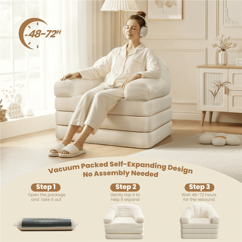 Renwick 2-in-1 Convertible Sofa  Bed Folding Sleep Chair Bed Chenille Sofa with Armrests  for Living Room and Bedroom, Beige