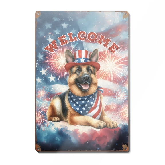 German Shepherd Patriotic Welcome for 4Th of July Independence Day Vertical Metal Aluminum Sign Alsatian Dog Lover Gifts Wall Art Home Decor - 00010