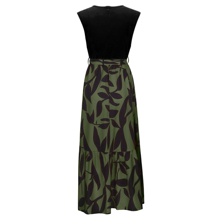 MOJOGO Women's A Line Dresses Casual Crewneck Sleeveless Dress Floral  Printed Tiered Maxi Dress for Beachwear Vacation Olive Green S