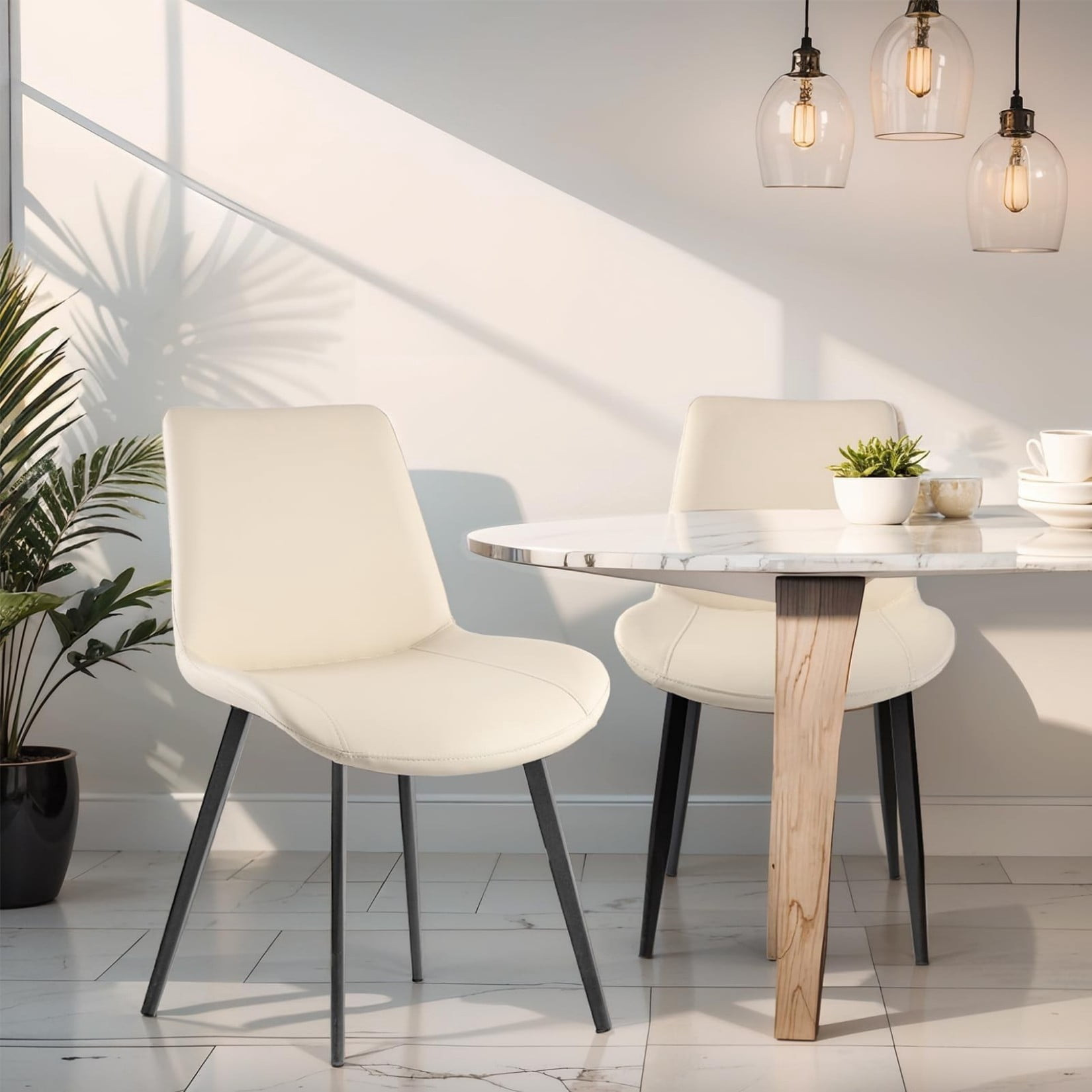 Dining Chairs Set of 4, Cream White PU Leather Upholstered Kitchen Dining Chairs with Carbon Steel Legs, Modern Armless Accent Chairs for Dining Room, Kitchen, Restaurant & Meeting Room